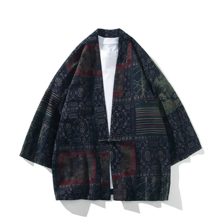 Buddha Stones Geometry Floral Stripes Butterfly Ink Open Front Half Sleeve Jacket Cotton Men’s Kimono - Steel Blue