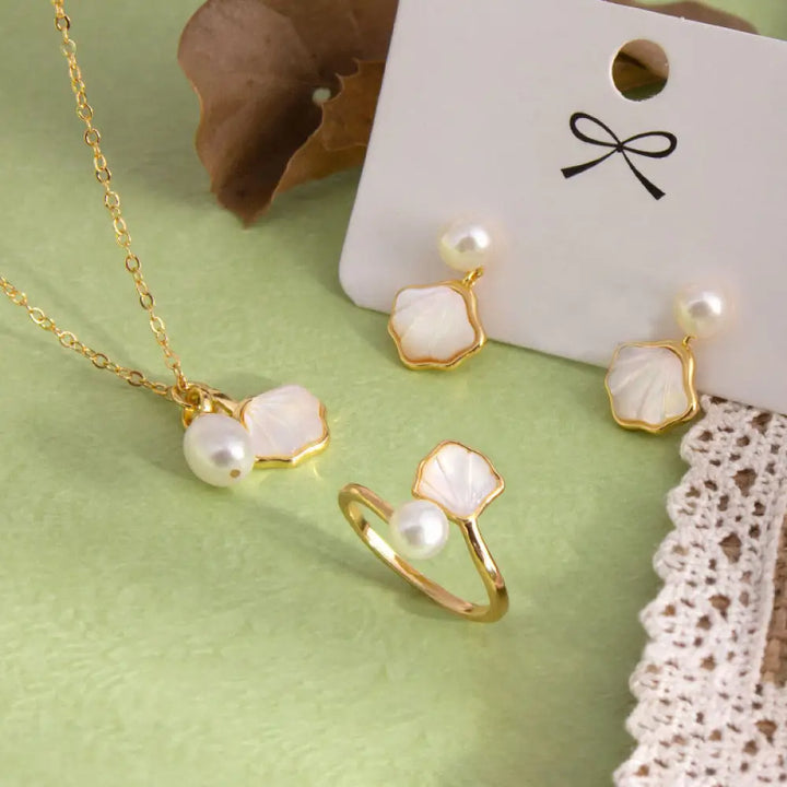 BWOOOH ginkgo Tridacna stone pearl bead copper blessing necklace pendant ring earrings set