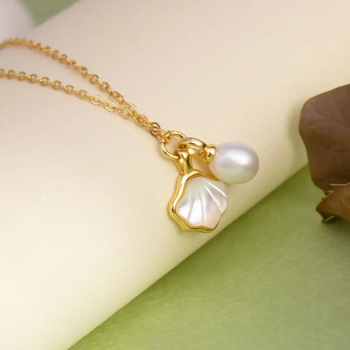 Buddha Stones Ginkgo Tridacna Stone Pearl Bead Copper Blessing Necklace Pendant Ring Earrings Set - BWOOOH - Necklace