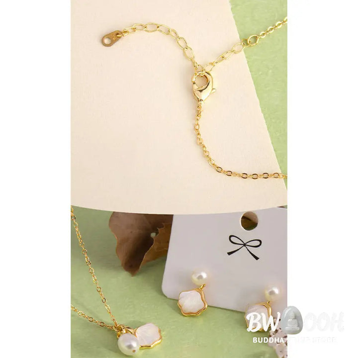 Buddha Stones Ginkgo Tridacna Stone Pearl Bead Copper Blessing Necklace Pendant Ring Earrings Set - BWOOOH - Bracelet
