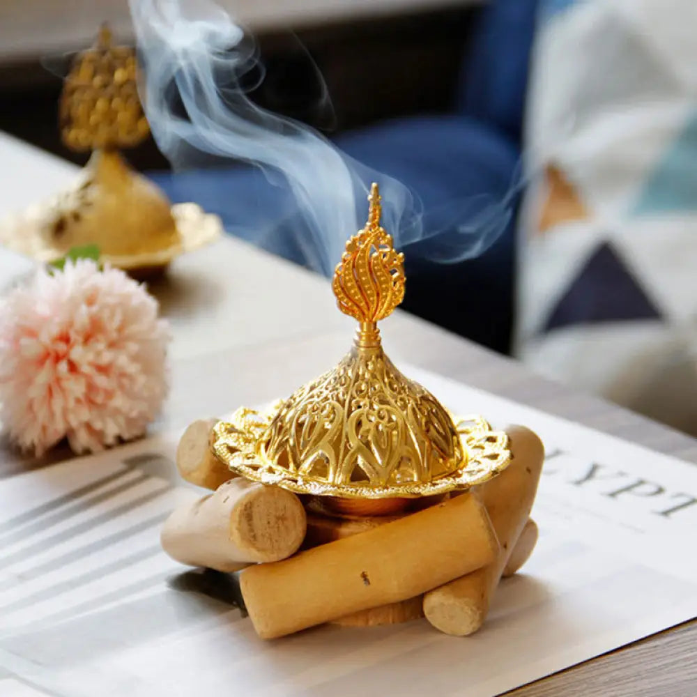 BWOOOH Gold Alloy Healing Mini Incense Burner With Wooden Coaster Home Decor - Gold Incense Burner 10.5*12cm