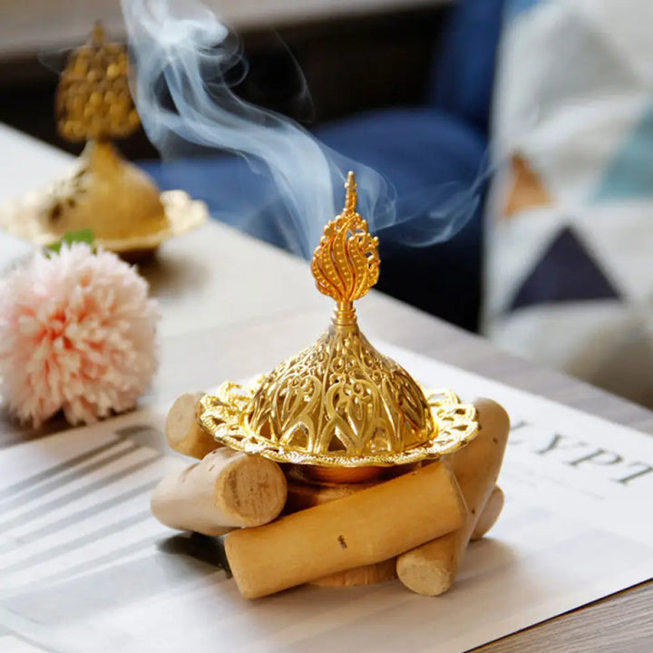 BWOOOH Gold Alloy Healing Mini Incense Burner With Wooden Coaster Home Decor - Gold Incense Burner 10.5*12cm