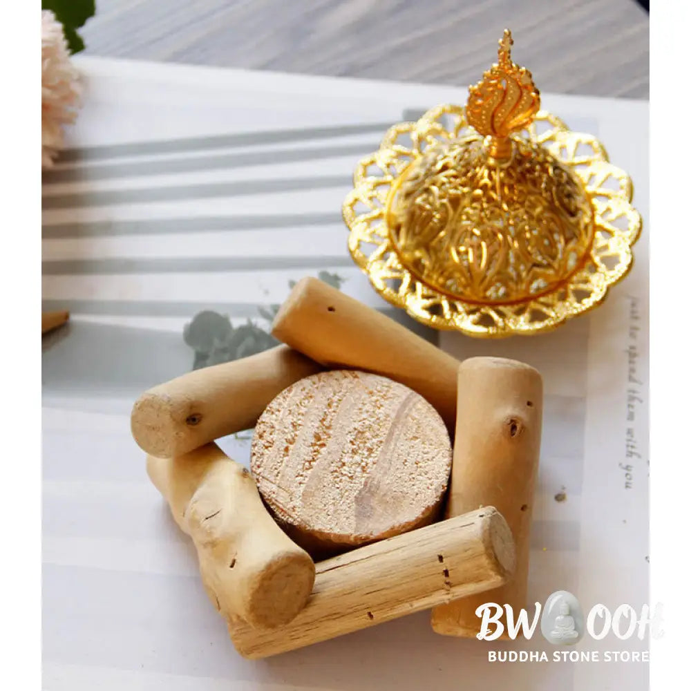 BWOOOH Gold Alloy Healing Mini Incense Burner With Wooden Coaster Home Decor - Gold Incense Burner 10.5*12cm