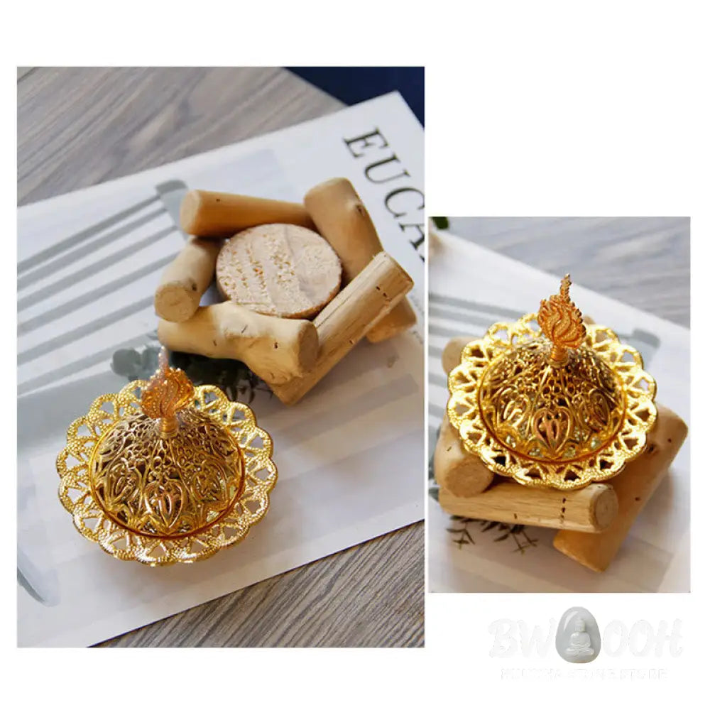 BWOOOH Gold Alloy Healing Mini Incense Burner With Wooden Coaster Home Decor - Gold Incense Burner 10.5*12cm