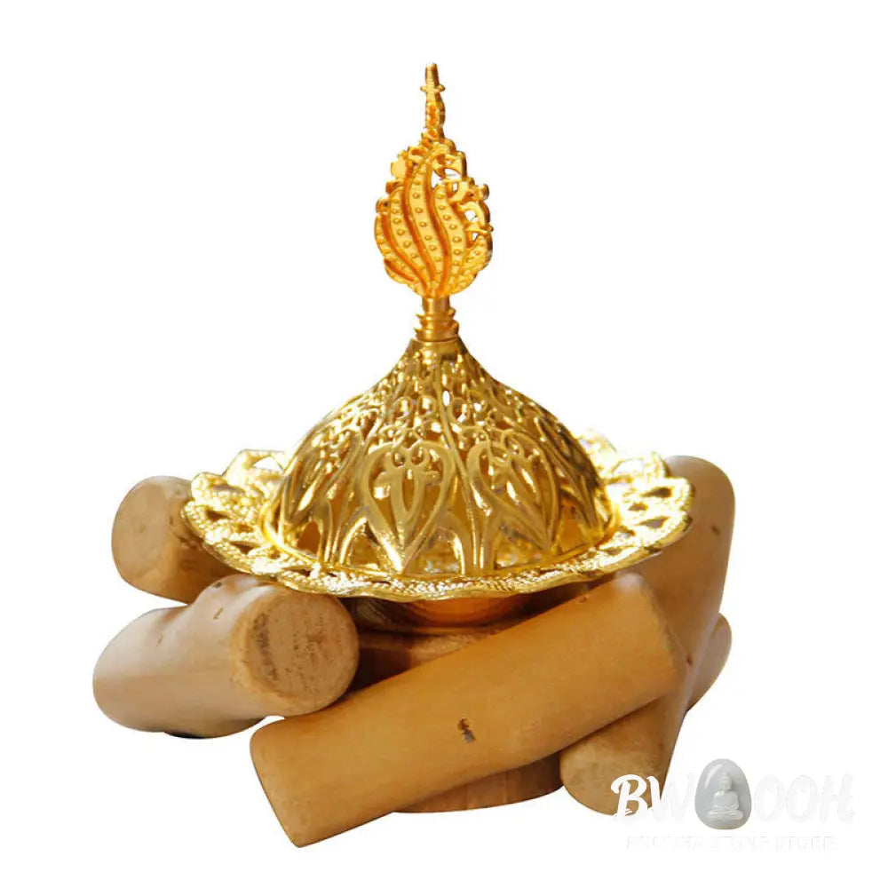 BWOOOH Gold Alloy Healing Mini Incense Burner With Wooden Coaster Home Decor - Gold Incense Burner 10.5*12cm