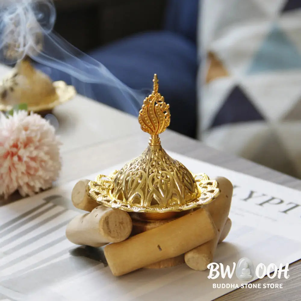 BWOOOH Gold Alloy Healing Mini Incense Burner With Wooden Coaster Home Decor - Gold Incense Burner 10.5*12cm