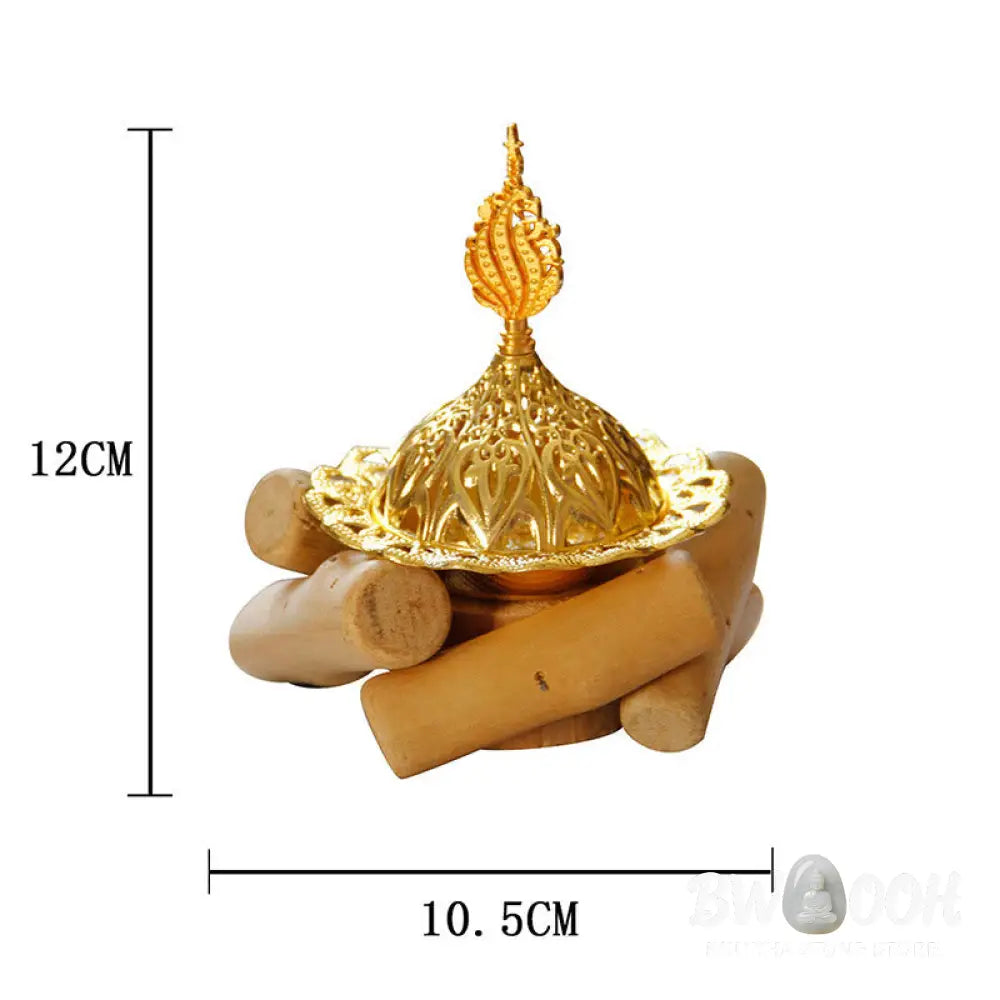 BWOOOH Gold Alloy Healing Mini Incense Burner With Wooden Coaster Home Decor - Gold Incense Burner 10.5*12cm