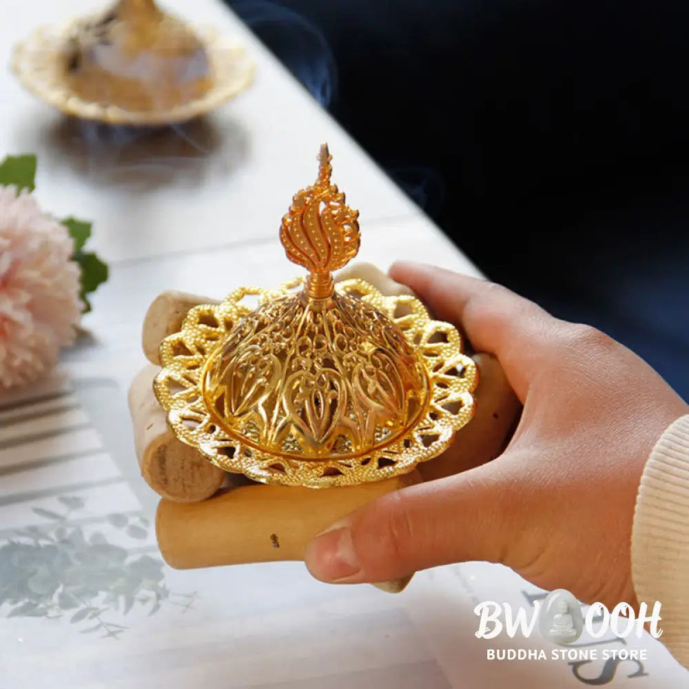 BWOOOH Gold Alloy Healing Mini Incense Burner With Wooden Coaster Home Decor - Gold Incense Burner 10.5*12cm