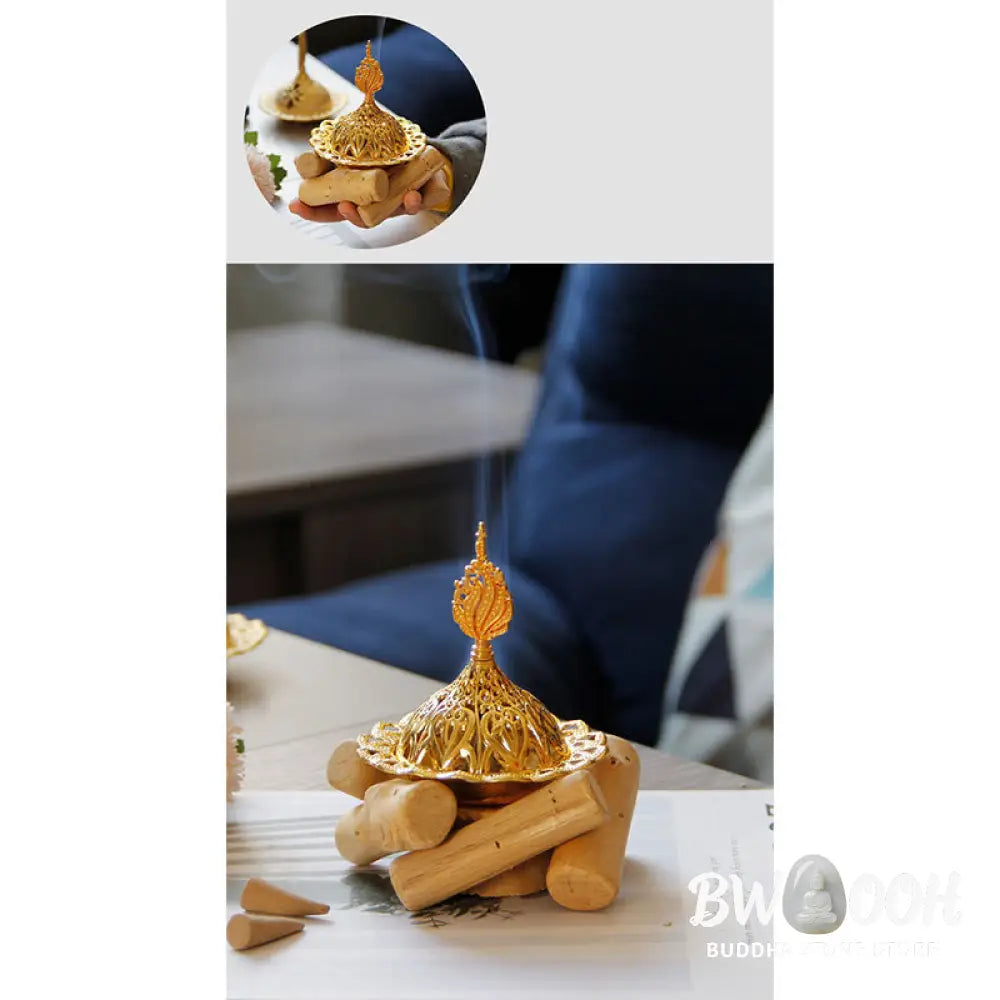 BWOOOH Gold Alloy Healing Mini Incense Burner With Wooden Coaster Home Decor - Gold Incense Burner 10.5*12cm
