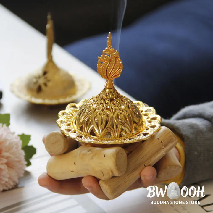 BWOOOH Gold Alloy Healing Mini Incense Burner With Wooden Coaster Home Decor - Gold Incense Burner 10.5*12cm
