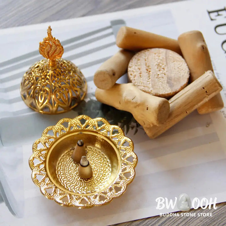 BWOOOH Gold Alloy Healing Mini Incense Burner With Wooden Coaster Home Decor - Gold Incense Burner 10.5*12cm