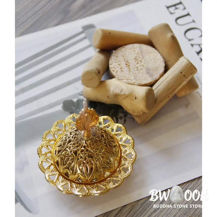 BWOOOH Gold Alloy Healing Mini Incense Burner With Wooden Coaster Home Decor - Gold Incense Burner 10.5*12cm