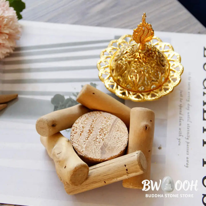 BWOOOH Gold Alloy Healing Mini Incense Burner With Wooden Coaster Home Decor - Gold Incense Burner 10.5*12cm