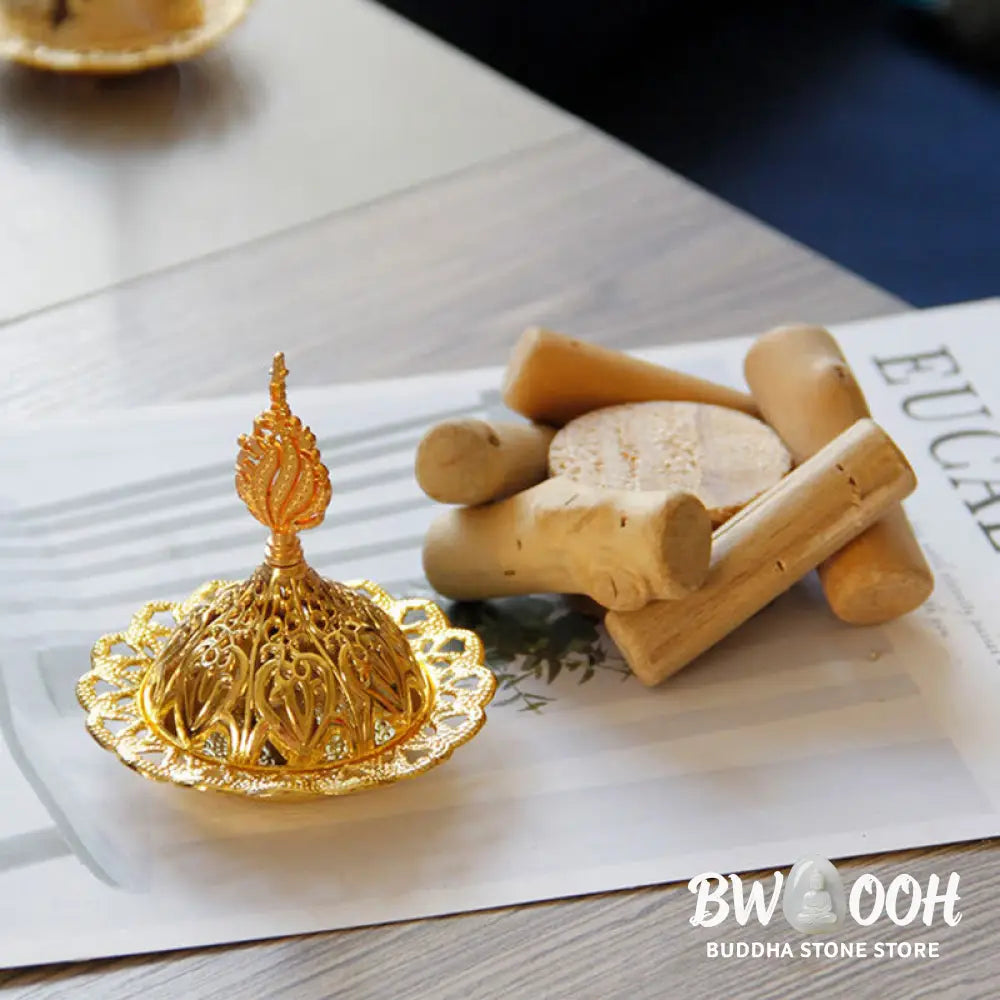 BWOOOH Gold Alloy Healing Mini Incense Burner With Wooden Coaster Home Decor - Gold Incense Burner 10.5*12cm