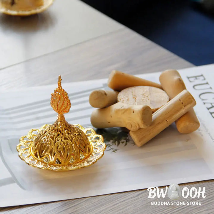 BWOOOH Gold Alloy Healing Mini Incense Burner With Wooden Coaster Home Decor - Gold Incense Burner 10.5*12cm