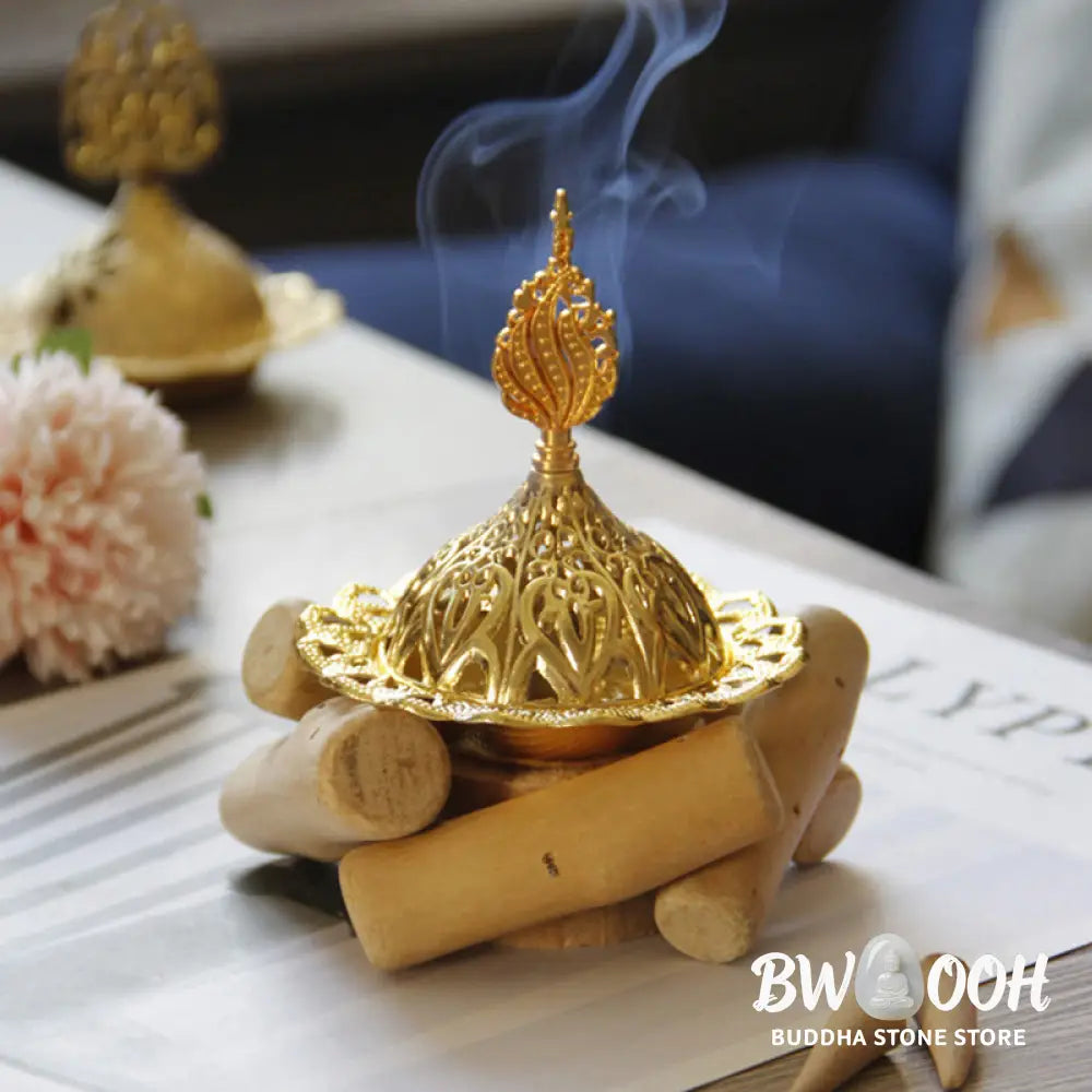 BWOOOH Gold Alloy Healing Mini Incense Burner With Wooden Coaster Home Decor - Gold Incense Burner 10.5*12cm