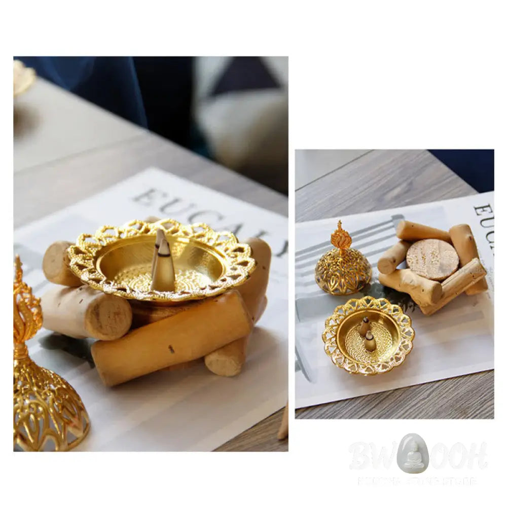 BWOOOH Gold Alloy Healing Mini Incense Burner With Wooden Coaster Home Decor - Gold Incense Burner 10.5*12cm