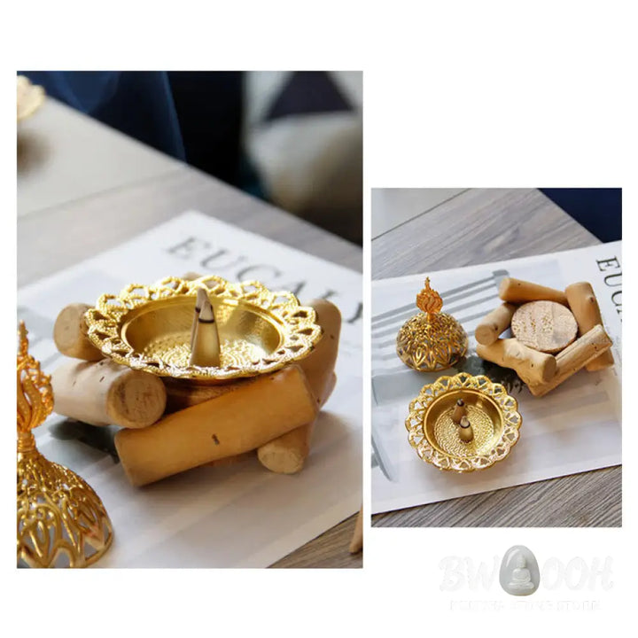BWOOOH Gold Alloy Healing Mini Incense Burner With Wooden Coaster Home Decor - Gold Incense Burner 10.5*12cm