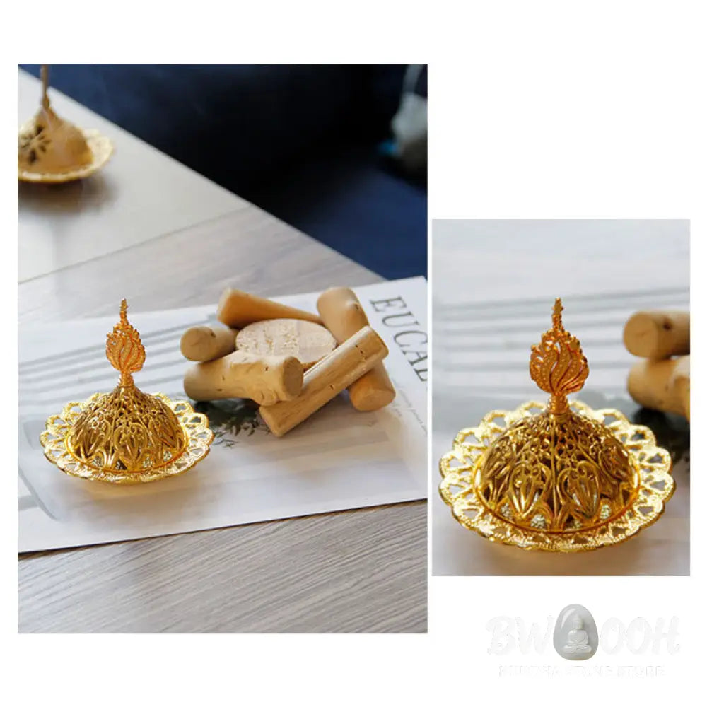 BWOOOH Gold Alloy Healing Mini Incense Burner With Wooden Coaster Home Decor - Gold Incense Burner 10.5*12cm