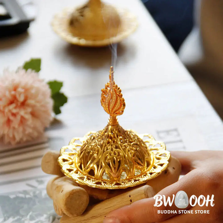 BWOOOH Gold Alloy Healing Mini Incense Burner With Wooden Coaster Home Decor - Gold Incense Burner 10.5*12cm