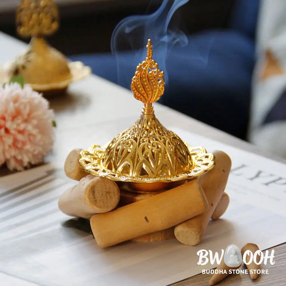 BWOOOH Gold Alloy Healing Mini Incense Burner With Wooden Coaster Home Decor - Gold Incense Burner 10.5*12cm