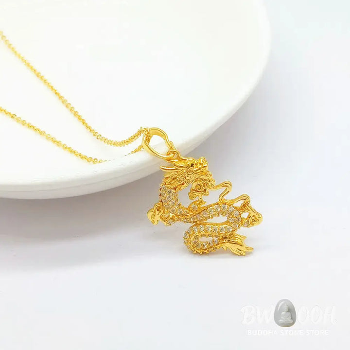 Buddha Stones Gold Dragon Protection Necklace Pendant - BWOOOH - Dragon - Necklaces &amp; Pendants