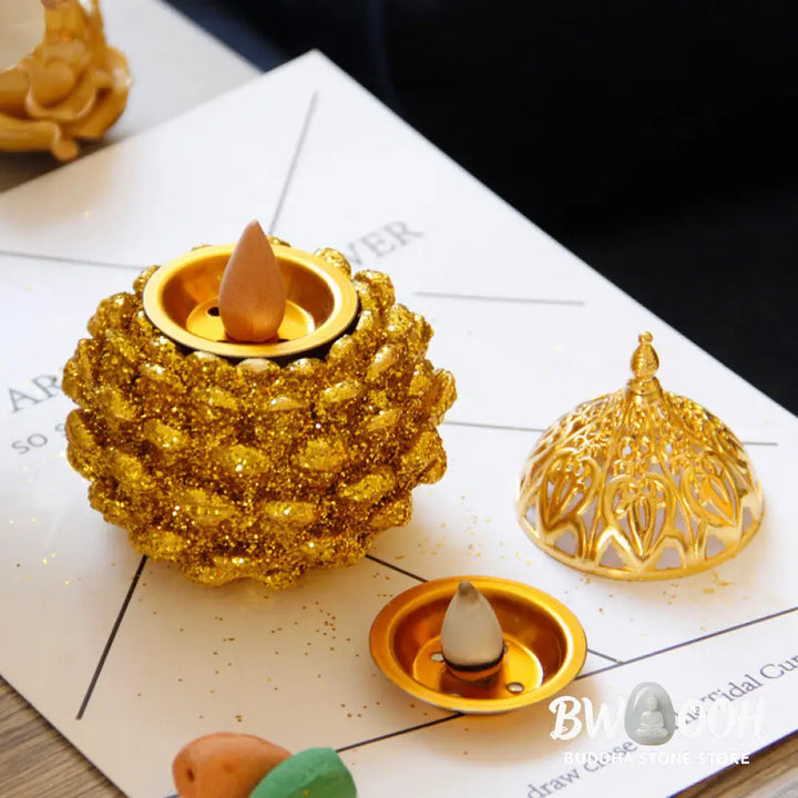 BWOOOH Gold Pine Cone Pattern Spiritual Rituals Mini Incense Burner Home Tabletop Decor - Gold Pine Cone Mini