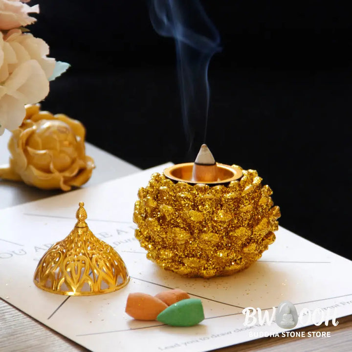 BWOOOH Gold Pine Cone Pattern Spiritual Rituals Mini Incense Burner Home Tabletop Decor - Gold Pine Cone Mini