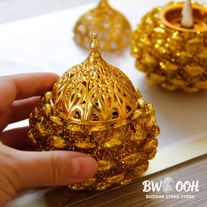 BWOOOH Gold Pine Cone Pattern Spiritual Rituals Mini Incense Burner Home Tabletop Decor - Gold Pine Cone Mini