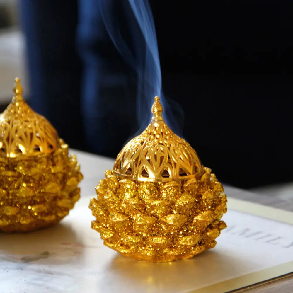 BWOOOH Gold Pine Cone Pattern Spiritual Rituals Mini Incense Burner Home Tabletop Decor - Gold Pine Cone Mini