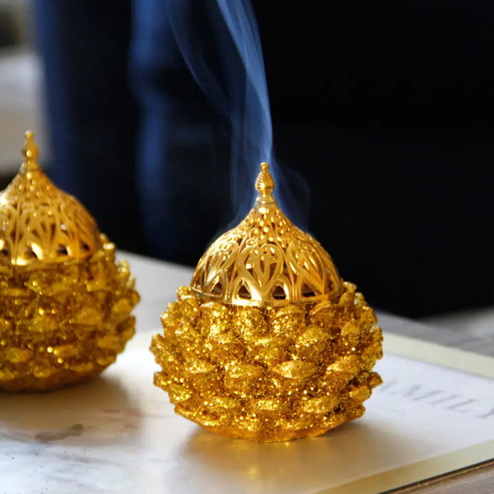 BWOOOH Gold Pine Cone Pattern Spiritual Rituals Mini Incense Burner Home Tabletop Decor - Gold Pine Cone Mini