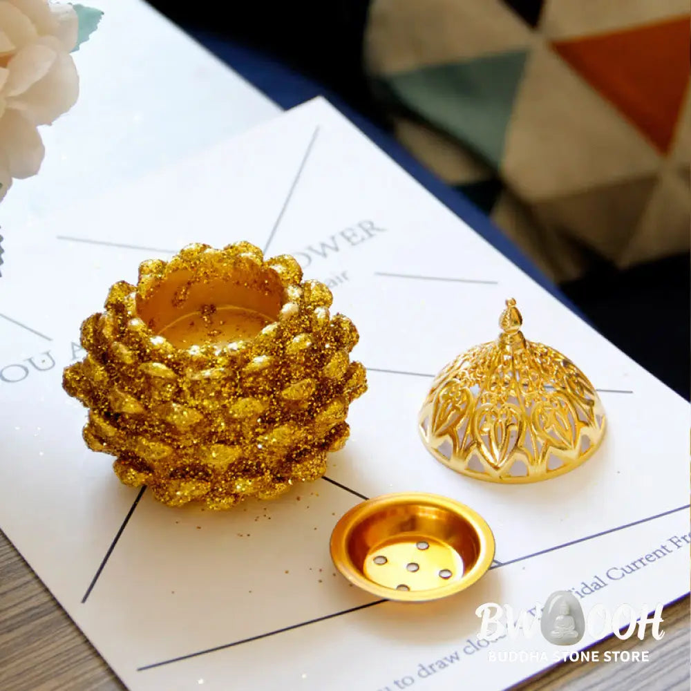 BWOOOH Gold Pine Cone Pattern Spiritual Rituals Mini Incense Burner Home Tabletop Decor - Gold Pine Cone Mini