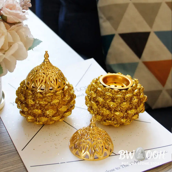BWOOOH Gold Pine Cone Pattern Spiritual Rituals Mini Incense Burner Home Tabletop Decor - Gold Pine Cone Mini