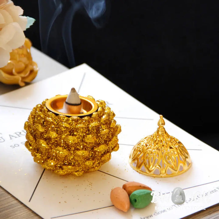 BWOOOH Gold Pine Cone Pattern Spiritual Rituals Mini Incense Burner Home Tabletop Decor - Gold Pine Cone Mini