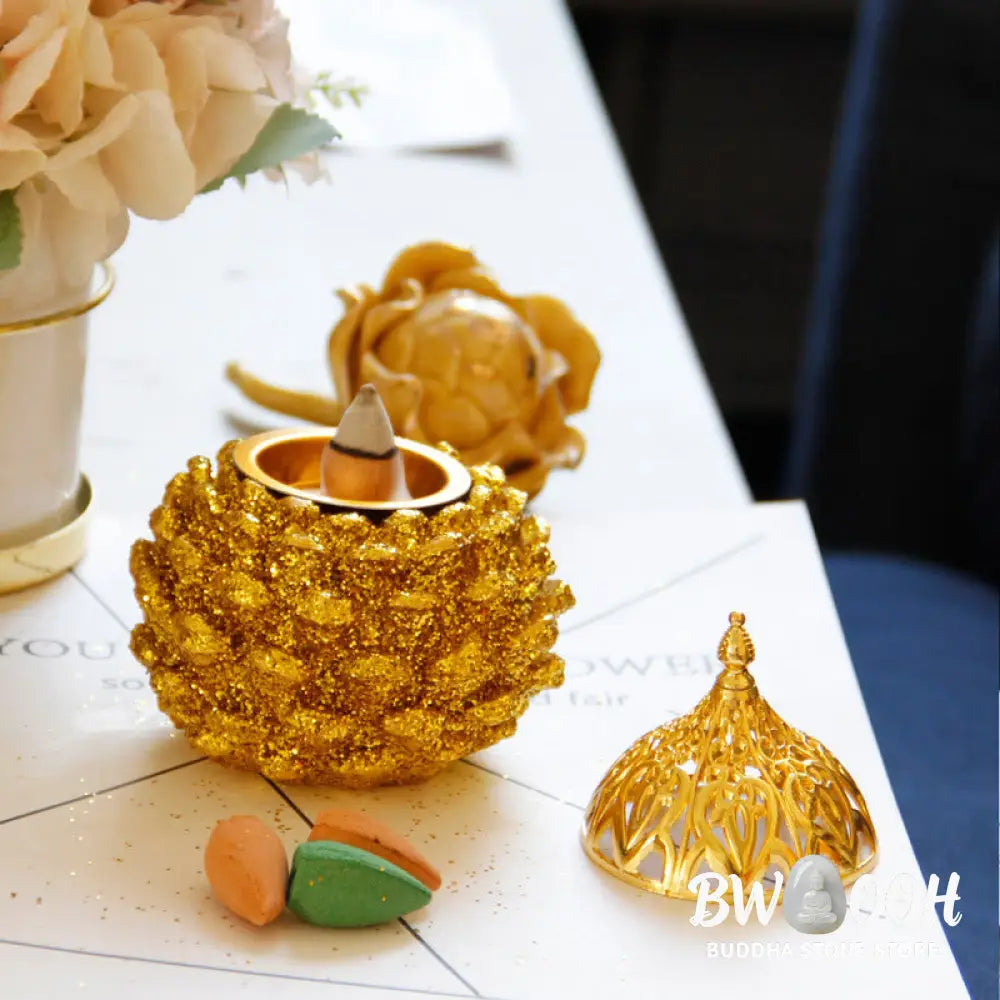 BWOOOH Gold Pine Cone Pattern Spiritual Rituals Mini Incense Burner Home Tabletop Decor - Gold Pine Cone Mini