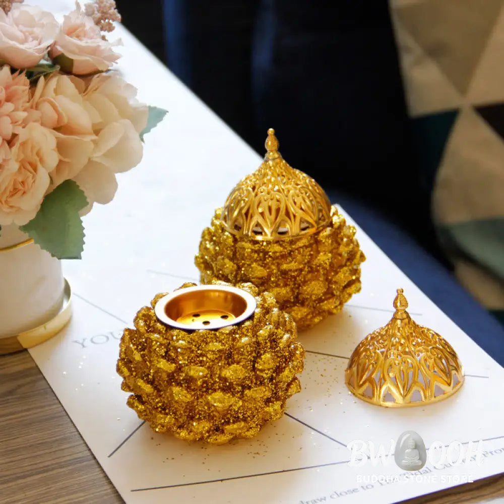 BWOOOH Gold Pine Cone Pattern Spiritual Rituals Mini Incense Burner Home Tabletop Decor - Gold Pine Cone Mini