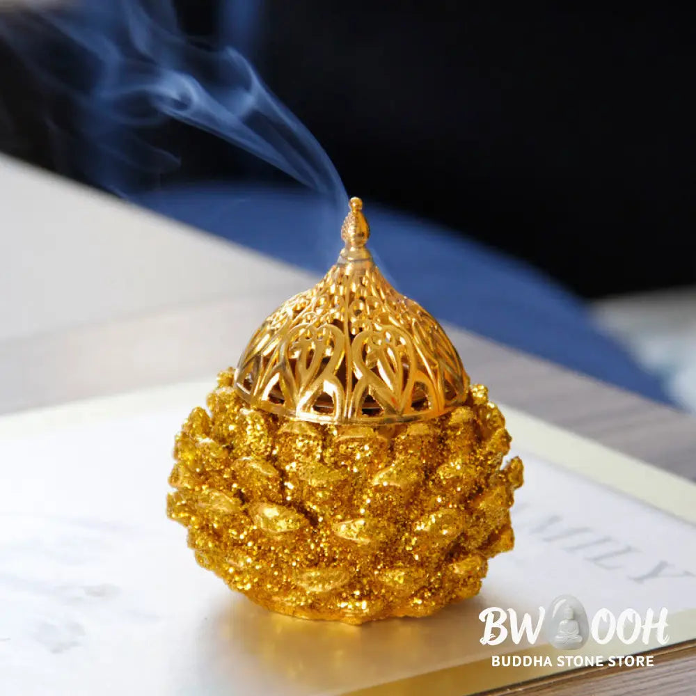 BWOOOH Gold Pine Cone Pattern Spiritual Rituals Mini Incense Burner Home Tabletop Decor - Gold Pine Cone Mini