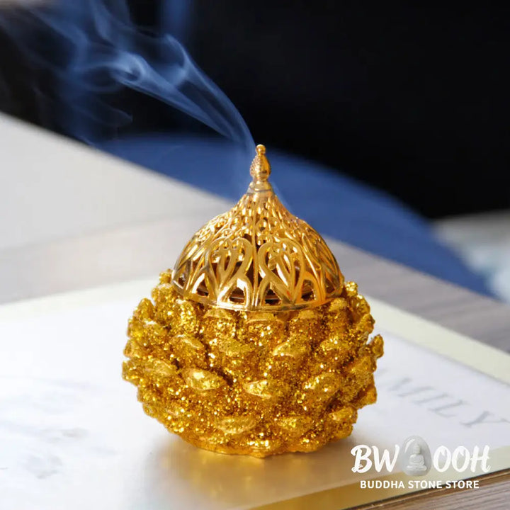 BWOOOH Gold Pine Cone Pattern Spiritual Rituals Mini Incense Burner Home Tabletop Decor - Gold Pine Cone Mini