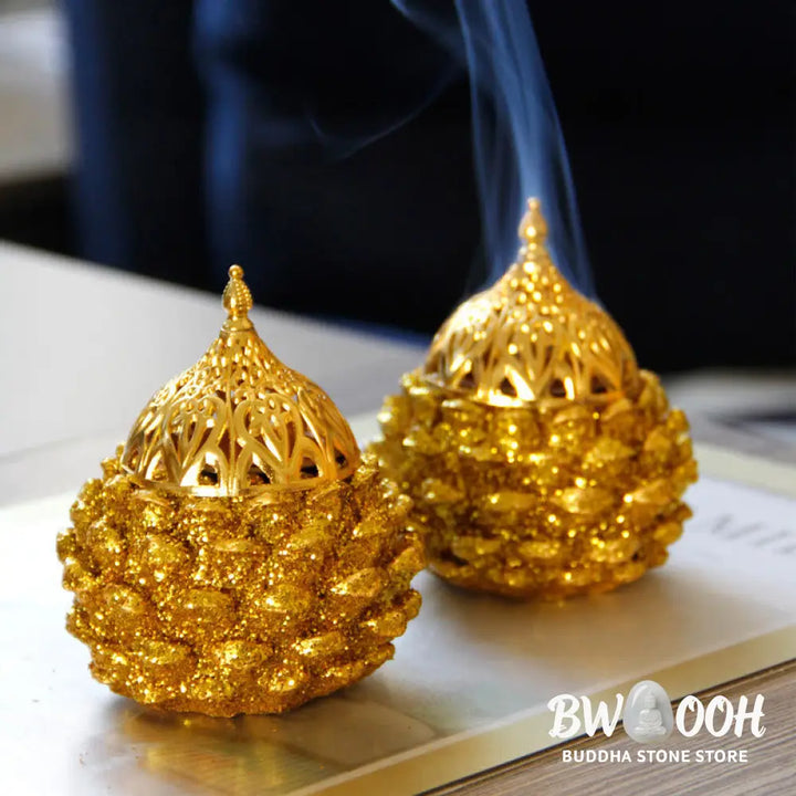 BWOOOH Gold Pine Cone Pattern Spiritual Rituals Mini Incense Burner Home Tabletop Decor - Gold Pine Cone Mini