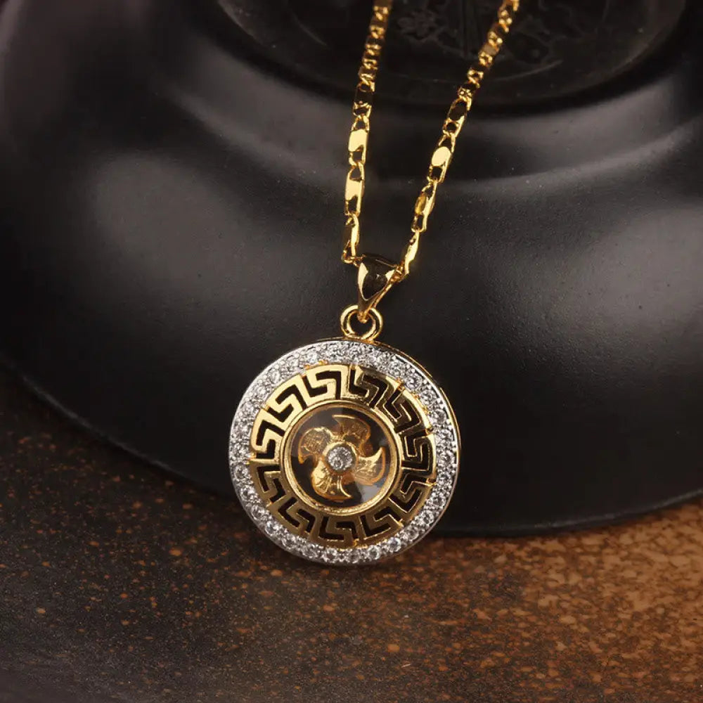 Buddha Stones Gold plated Copper Brass Rotatable Windmill Feng Sheng Shui Qi Fu Luck Necklace Pendant - BWOOOH - Gold