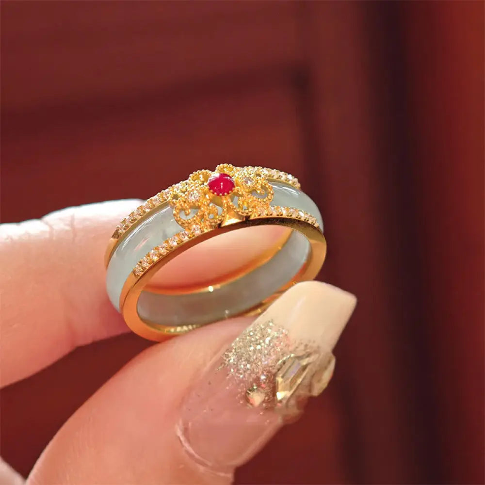 BWOOOH Gold-Plated Copper Glass Flower Wealth Ring — Copper spiritual jewelry for spiritual healing and mindful living