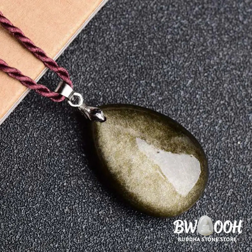 Buddha Stones Gold Sheen Obsidian Black Obsidian Rainbow Obsidian Wealth Water Drop Necklace Pendant - BWOOOH