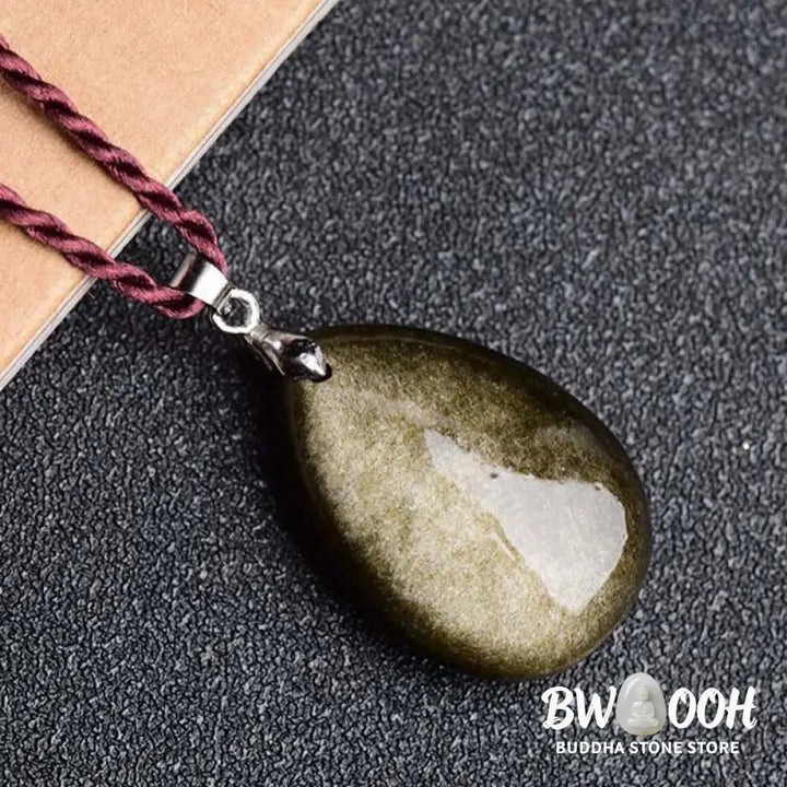 Buddha Stones Gold Sheen Obsidian Black Obsidian Rainbow Obsidian Wealth Water Drop Necklace Pendant - BWOOOH