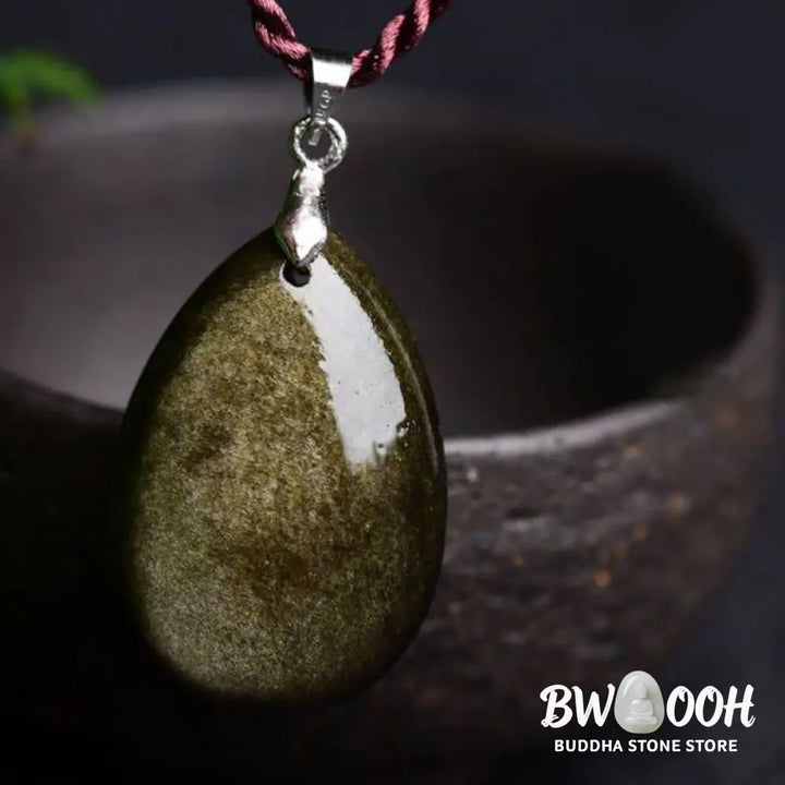 Buddha Stones Gold Sheen Obsidian Black Obsidian Rainbow Obsidian Wealth Water Drop Necklace Pendant - BWOOOH