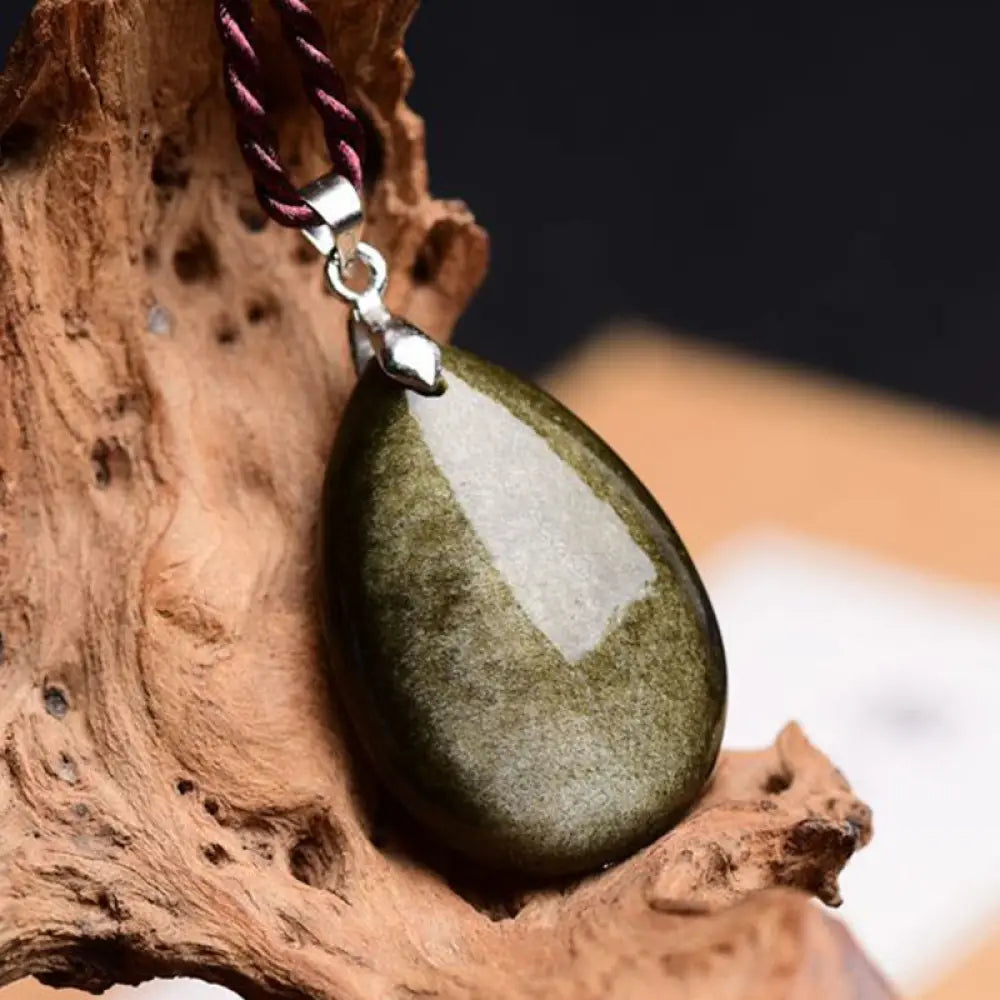 Buddha Stones Gold Sheen Obsidian Black Obsidian Rainbow Obsidian Wealth Water Drop Necklace Pendant - BWOOOH - Gold