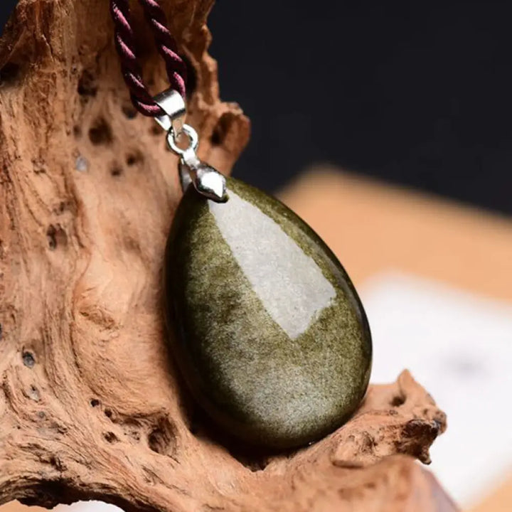 Buddha Stones Gold Sheen Obsidian Black Obsidian Rainbow Obsidian Wealth Water Drop Necklace Pendant - BWOOOH - Gold