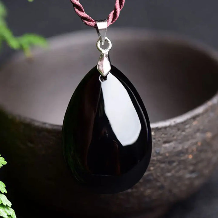 Buddha Stones Gold Sheen Obsidian Black Obsidian Rainbow Obsidian Wealth Water Drop Necklace Pendant - BWOOOH - Black