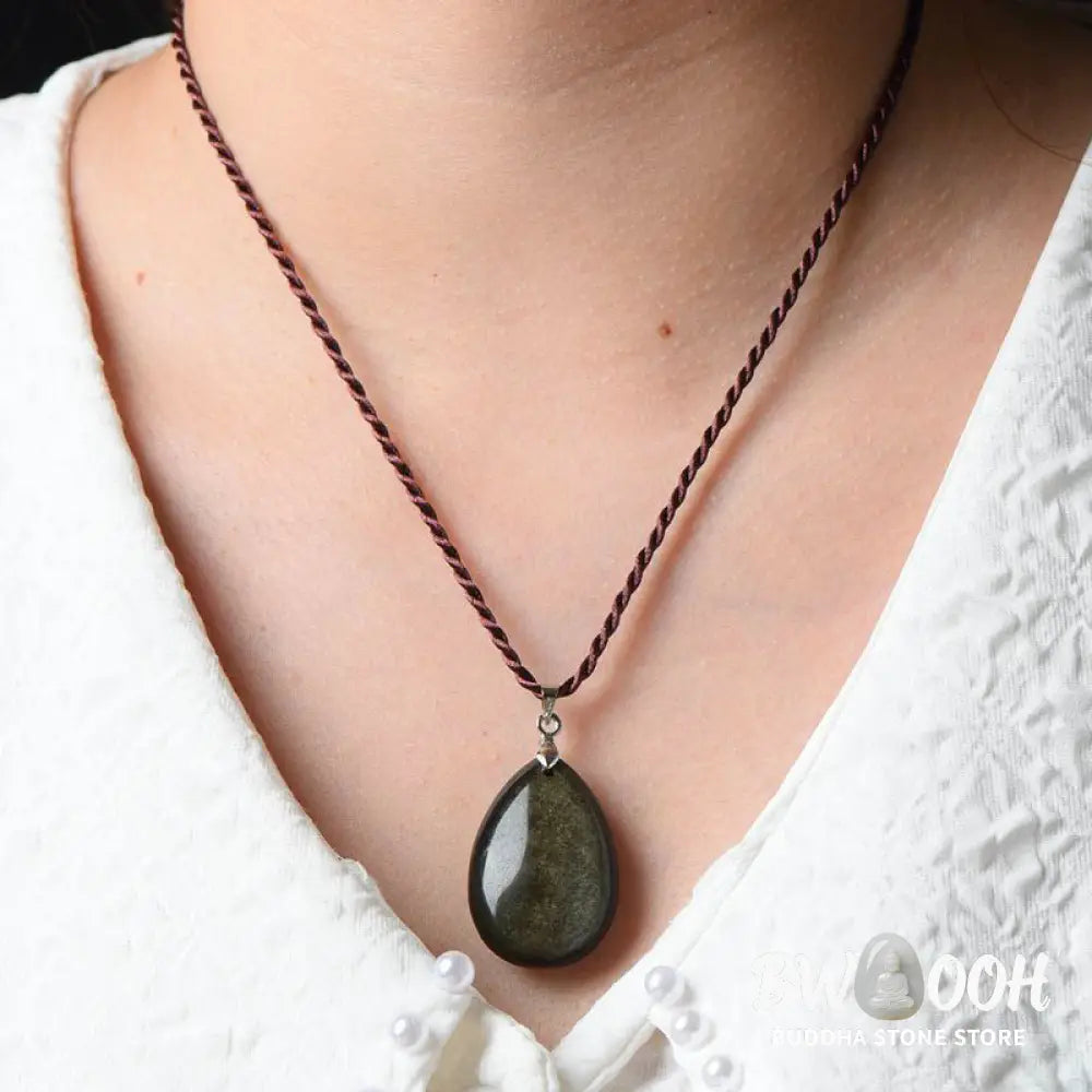 Buddha Stones Gold Sheen Obsidian Black Obsidian Rainbow Obsidian Wealth Water Drop Necklace Pendant - BWOOOH