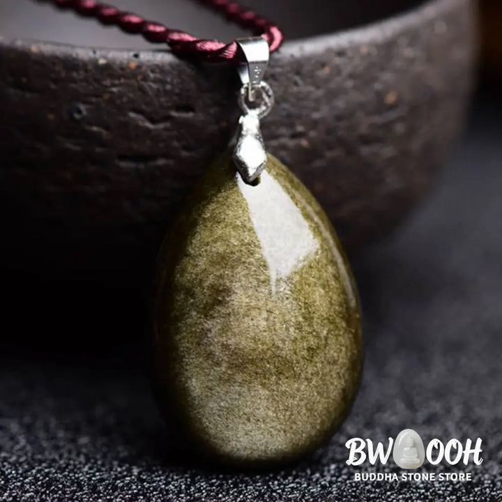 Buddha Stones Gold Sheen Obsidian Black Obsidian Rainbow Obsidian Wealth Water Drop Necklace Pendant - BWOOOH