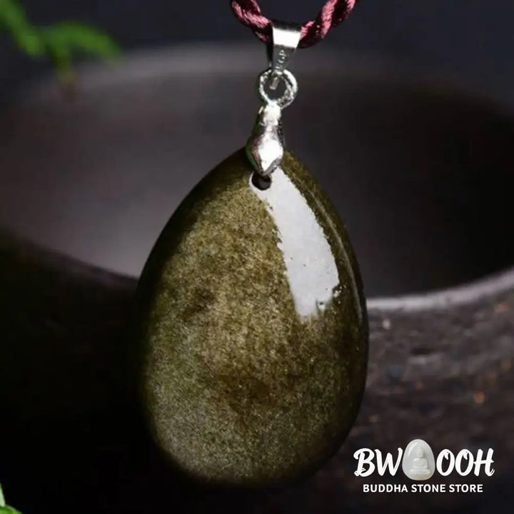 Buddha Stones Gold Sheen Obsidian Black Obsidian Rainbow Obsidian Wealth Water Drop Necklace Pendant - BWOOOH